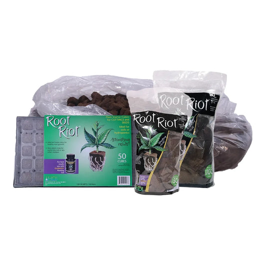 Root Riot range shown together - 50 cube tray, refill bags and bulk case