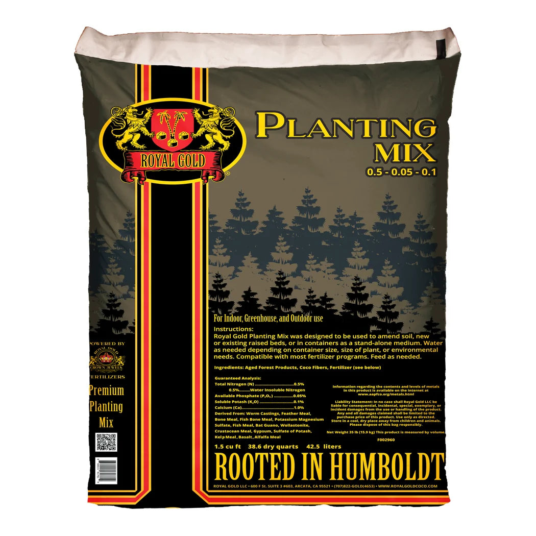 Royal Gold Planting Mix 1.5 cu ft bag front with 0.5-0.05-0.1 label, aged forest products, coco fiber and worm castings
