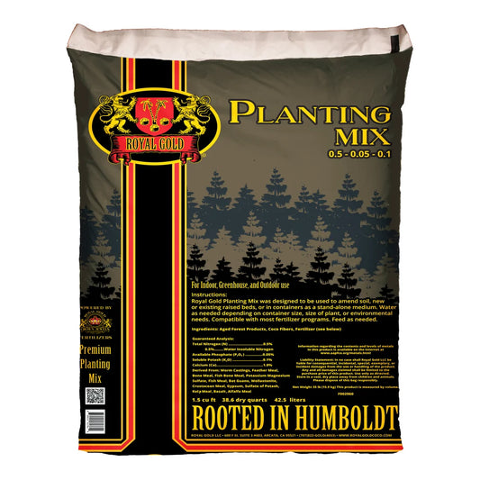 Royal Gold Planting Mix 1.5 cu ft bag front with 0.5-0.05-0.1 label, aged forest products, coco fiber and worm castings