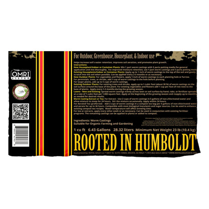 Royal Gold Worm Castings label with OMRI and CDFA seals, application rates and compost tea instructions