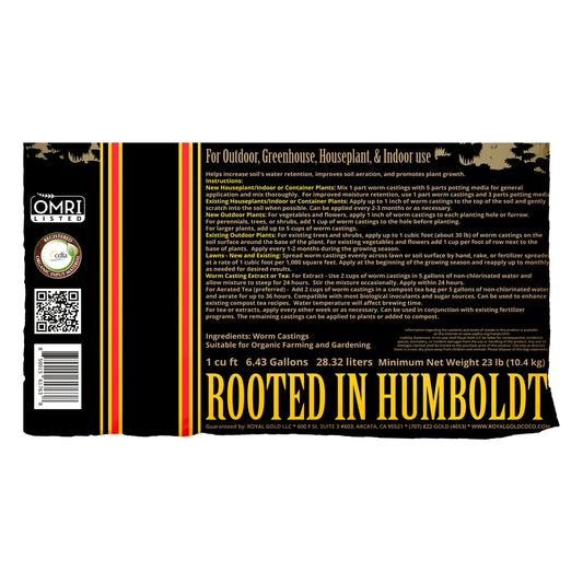 Royal Gold Worm Castings label with OMRI and CDFA seals, application rates and compost tea instructions