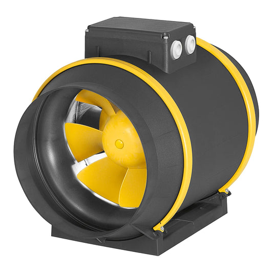 Ruck 6 inch Prime EVO EC inline duct fan, 482 CFM, black casing with yellow mixed flow impeller