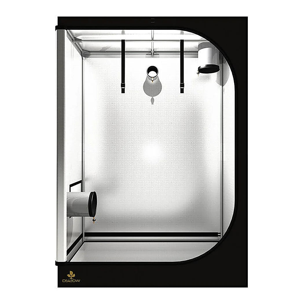DS120W grow tent shown with the front panel rolled back