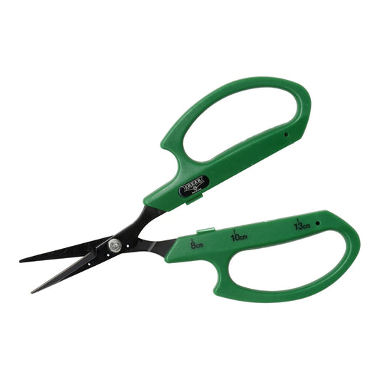 Shear Perfection Senshi Bonsai Scissor, 2 in Straight Non-Stick Blade - scissor out of the pack, black non-stick straight blades, silver pivot and green handles