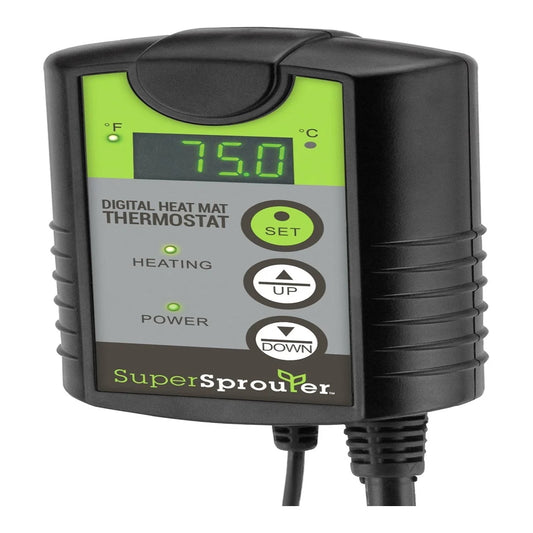 Super Sprouter digital heat mat thermostat with LED display showing 75.0 degrees and set, up and down buttons