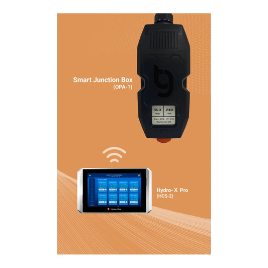 ThinkGrow OPA-1 smart junction box shown with the Radius E Pro controller app