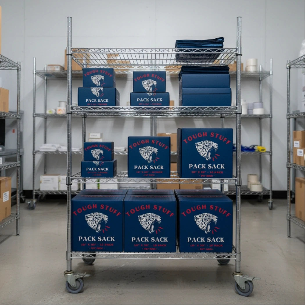 Tough Stuff Pack Sack boxes and folded turkey bags stocked on a warehouse rack