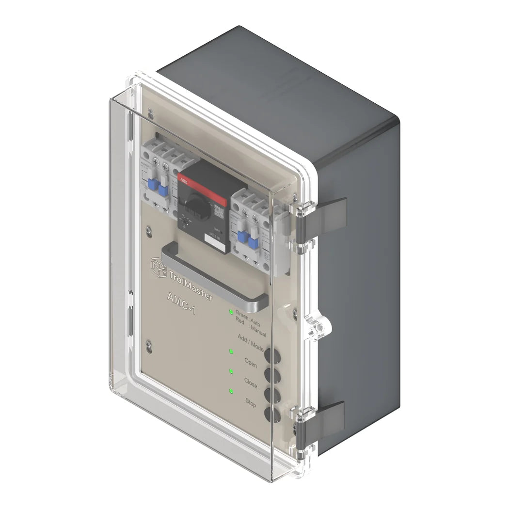 TrolMaster AMC-1 curtain motor controller with clear cover, single or three phase