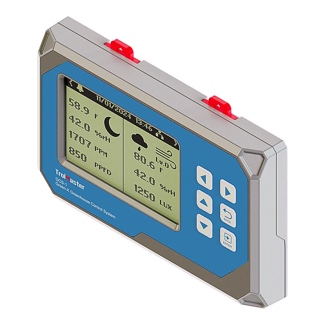 TrolMaster Green-X GCS-1 greenhouse controller angled view with display