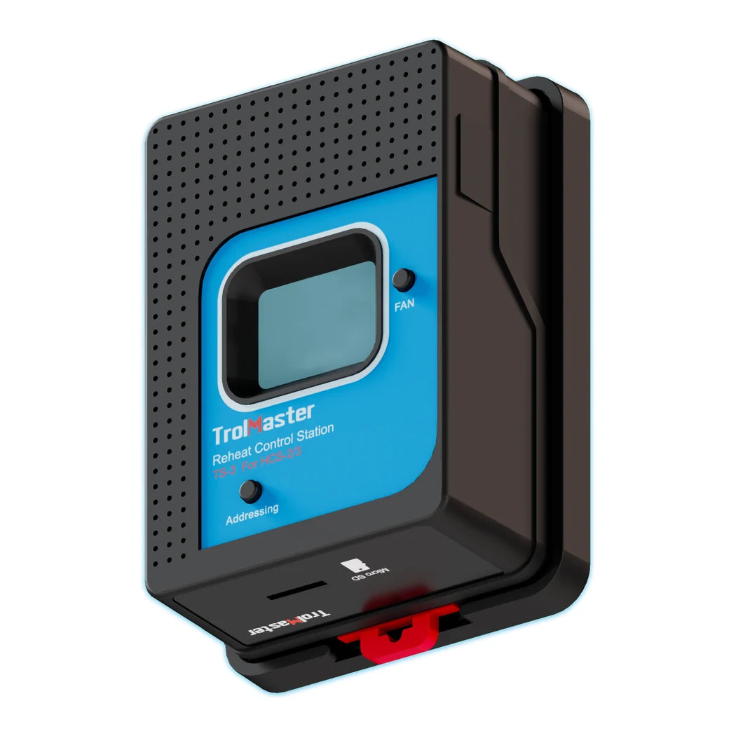 TrolMaster TS-3 reheat control station angled view with LCD