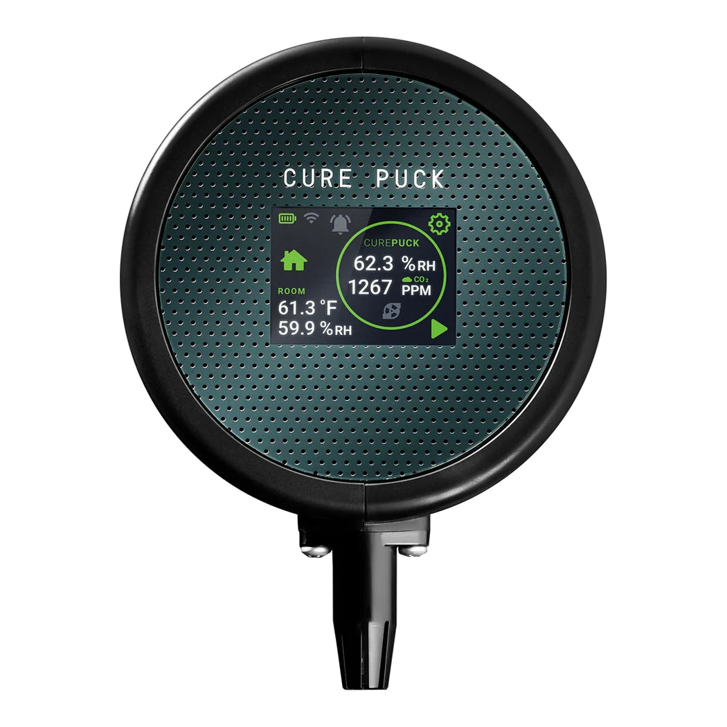 Twister Cure Puck colour display showing chamber temperature, RH and VPD