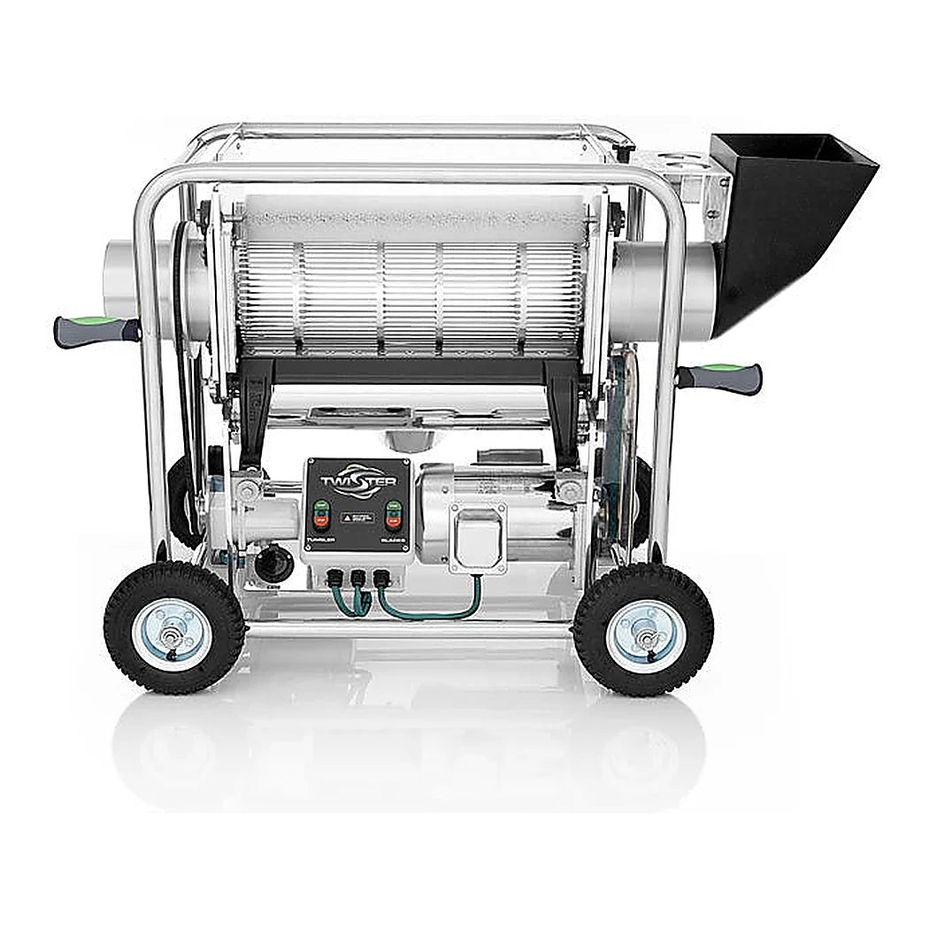 Twister T2 trimmer profile view with feed hopper and tumbler