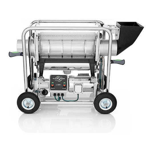 Twister T2 trimmer profile view with feed hopper and tumbler