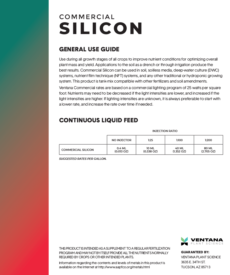 Ventana Plant Science - Commercial Silicon - 5 Gallons (2 x 2.5 gals) Back Label