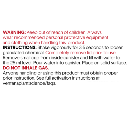 Ventana Plant Science - Chlorine Dioxide 25g Fast Release Deodorizing Gas (ClO2) Warning and Instructions